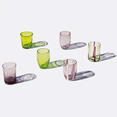 Produktbild von 6er-Set zweifarbige Trinkgläser aus der Melting Pot Kollektion aus dekoriertem Glas - Grün und Amethyst - Safran