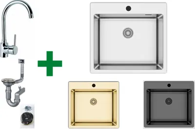 A collection of kitchen sinks and a faucet, presented as a product offering.