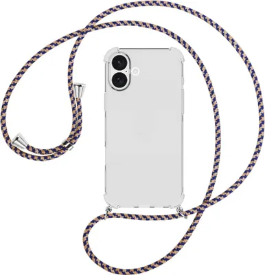 Produktbild von Handykette Backcover-Schutzhülle mit Band (Metall silberfarben) für iPhone 16 Plus - blau+beige