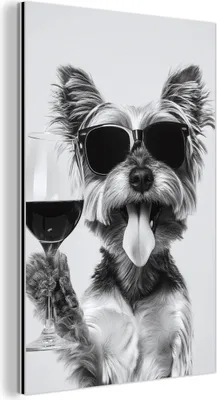 Produktbild von MuchoWow Wanddekoration Metall Metallbild Wandkunst 60x90 cm Hund - Weinglas - Sonnenbrille - Enthusiastisch MuchoWow Aluminium Gemälde - Wandbilder - Aluminium