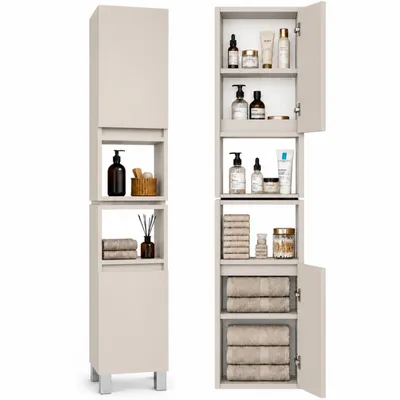 Produktbild von Badezimmerschrank Hochschrank Ariza, Kaschmirfarben, 161x28x25 cm, 6 Regale, Soft-Close, Stehend oder Hängend, WC & Bad für Kosmetik, Links rechts