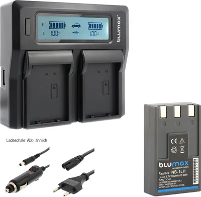 Produktbild von 1x Akku + Lader für Canon NB-1LH IXUS 500 430 400 330 V3 V2 900 mAh (3,6V)