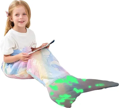 Produktbild von Minicee Kinder Meerjungfrauen Schwanzdecke Licht, Flanell, 130–170 cm, Regenbogen