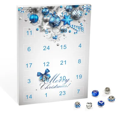 Produktbild von VALIOSA Mode-Schmuck Adventskalender mit Halskette, Armband + 22 individuelle Perlen-Anhänger aus Glas & Metall, Geschenkidee für Mädchen, blau, 24-teilig (1 Set)