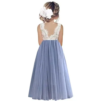 Image de ASKSA Robe de Princesse sans manches pour enfants Dentelle Robe de mariée A-ligne Robe de bal (Bleu,100)