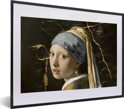 Produktbild von MuchoWow® Gerahmtes Poster Mädchen mit Perlenohrring - Vermeer - Marmor 40x30 cm - Poster mit Schwarzem Bilderrahmen Wandposter Rahmen Foto Bilder - Bilderrahmen - Poster im Rahmen