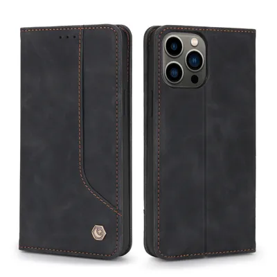 Obrázek produktu pro RetroPolyuretankožené pouzdro pro iPhone 14 Pro Max peněženkový design pouzdro s držákem na karty a stojánkem černé