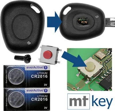 Produktbild von Repair Reparatur Satz Auto Schlüssel Gehäuse Funkschlüssel 1x Gehäuse + 1x passende Schraube + 1x Mikrotaster + 2X CR2016 Batterie kompatibel mit Renault