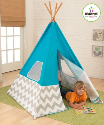 Produktbild von Spiel-Tipi - Bambus/ Fieberglas Gestänge Türkis mit grau-weißem Chevronmuster; 223