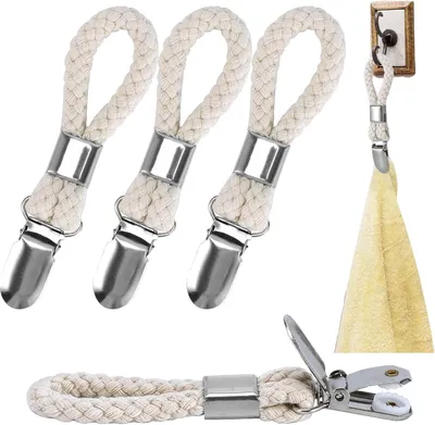 Produktbild von 4 Handtuchclips aus Edelstahl + Seil, Handtuchhaken für Küche/Badezimmer