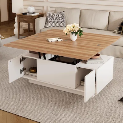 Image de MODFU Table de Salon avec Rangement Caché - Plateau Élévable à Double Mécanisme de Levage - Style Contemporain Moderne - MDF - Blanc + Naturel