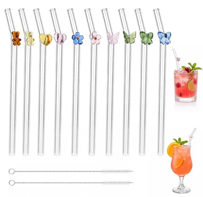 Glasstrohhalme gebogen, 10 Stück, 19,5 cm, mit 2 Reinigungsbürsten