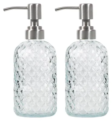 Immagine prodotto di Set di 2 dispenser per sapone in vetro, trasparenti, da 453 ml, con pompa in acciaio inossidabile ed etichetta in legno, ideali per bagno e cucina