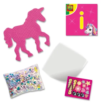 Produktbild von Bügelperlen-Set Einhorn, 1.800 Perlen, Glitzer-Aufkleber, ab 6 Jahren