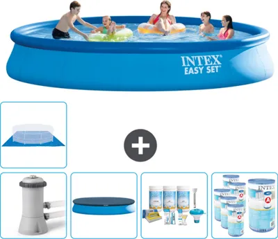 Produktbild von Intex runder aufblasbarer Easy Set-Schwimmpool – 457 x 84 cm – Blau – inklusive Pumpe Abdeckung - Wartungspaket - Filter - Bodenplane