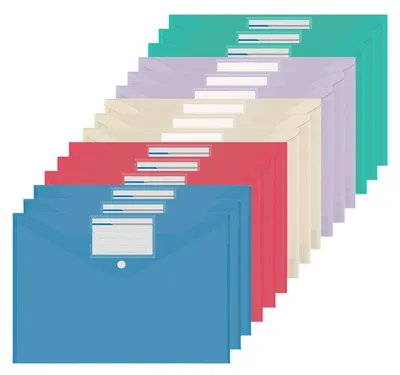 Productafbeelding van A4 documentmappen, 15 stuks, 5 kleuren, met drukknop en etiketvak, gemaakt van PP-materiaal