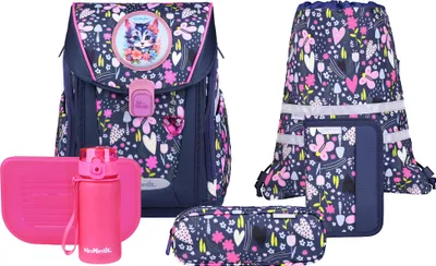 A collection of school supplies including a backpack, a drawstring bag, a pencil case, a pencil box, and a water bottle, all featuring a floral and animal print.