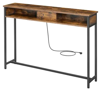 Zdjęcie produktu dla Wąski stolik konsolowy z gniazdkami elektrycznymi i 2 przegródkami | Styl vintage, kolor brązowo-czarny | 120x25x81 cm
