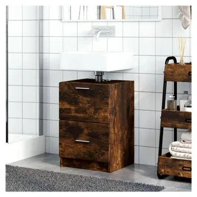 Produktbild von Waschbeckenunterschrank mit 2 Klappschubladen, für Waschbecken ohne Podest, kleiner bodenstehender Aufbewahrungsschrank, Eiche und Rustikal