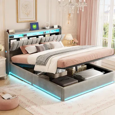 Produktbild von INONEFT Polsterbett 140x190cm mit hydraulik stauraum, boxspringbett mit LED und USB Typ-C, jungend doppelbett mit lattenrost und bettkasten, samt grau