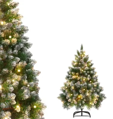 Imagen del producto de Árbol de Navidad artificial LILIIN, 150 cm, con iluminación, nieve artificial y piñas, fácil de montar, incluye soporte para el árbol