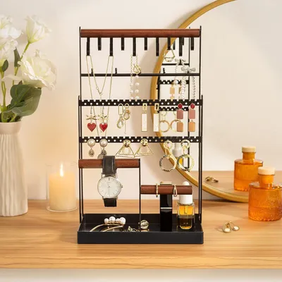 Image de Présentoir à bijoux en métal et bois, durable, avec plateau et crochets, support pour chaînes, boucles d'oreilles, organisateur de bijoux, noir