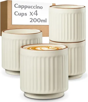 Produktbild von Cosumy 4er Cappuccino Tassen Set Beige – 200ml Kaffee Tasse aus Keramik ohne Henkel – stapelbar vertikal Rillenoptik – Cappuccinotasse 4er Set