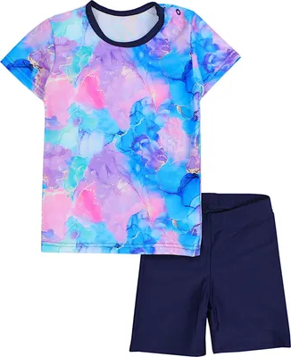 Produktbild von Aquarti Baby Mädchen Zweiteiler Kinder Badeanzug Bade-Set Bade T-Shirt Badehose UV-Schutz, Farbe: Tie Dye Blau Lila Rosa, Größe: 80
