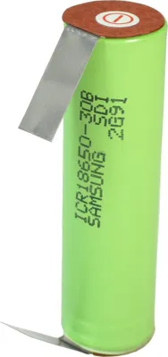 A single green lithium-ion battery with silver tabs attached to the top and bottom.
