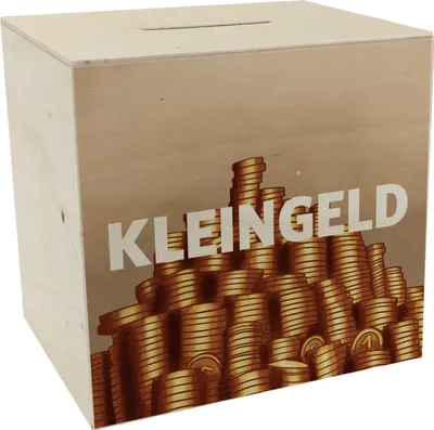 Produktbild von Kleingeld Spardose aus Holz mit Geldhaufen aus Münzen