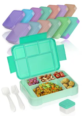 Produktbild von Deine Schulhelden Bento Box - Brotdose für Erwachsene und Kinder - Auslaufsichere Lunchbox mit Besteck & Becher - BPA frei - 1330ml (Slushy Mint)