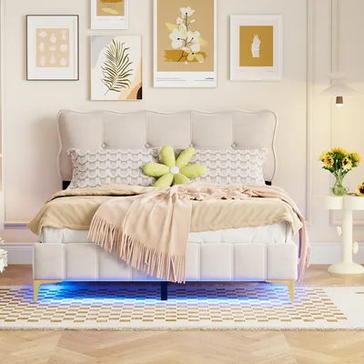 Produktbild von Polsterbett 140x200 cm Doppelbett(Ohne Matratze)Beige mit LED-Leuchten mit Rückenlehne mit Lattenrost Samtstoff hohe Metallfüße