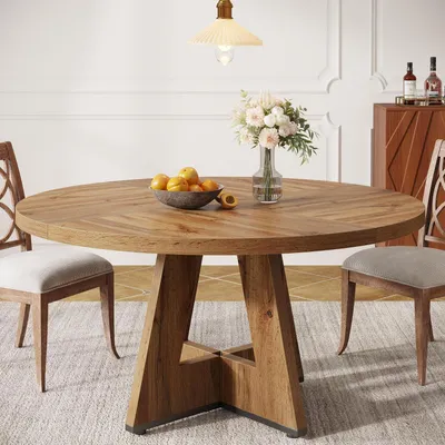 Image de Table ronde de salle à manger de 120 cm, pour 4 personnes, style rustique, plateau en bois, structure en métal