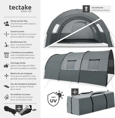 Image de Tente tunnel Roskilde pour 6 personnes - gris clair/gris foncé