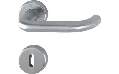 A stainless steel door handle and keyhole escutcheon are shown against a white background.