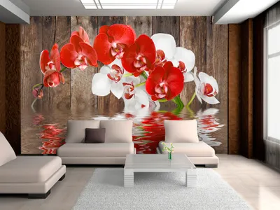 Produktbild von Vlies Fototapete 350x256 cm Tapeten Wandtapete XXL Blumen Wasser Holz Bretter weiß rot Natur b-A-0015-a-c
