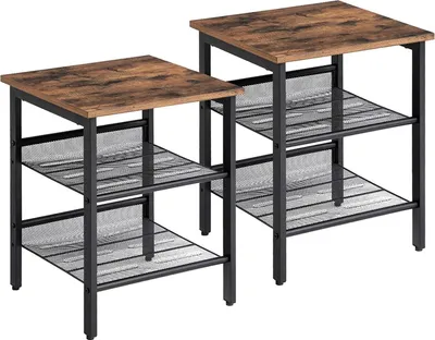 Produktbild von BEGRYF Industrial Beistelltisch Set 2 Stück – 40x40 cm, Sofatisch mit 2 Gitterablagen, Couchtisch mit Metallgestell, Nachttisch für Wohnzimmer & Schla