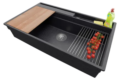 Produktbild von PRIMAGRAN Spülbecken Anthrazit 88x53cm, Granitspüle 1 Becken + Ablauf-Set + Küchenzubehörset, Küchenspüle ab 90er Unterschrank - Oslo Pocket