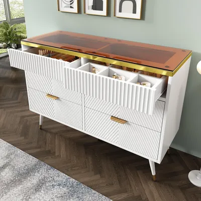 Produktbild von Kommode Sideboard 120x40x76, 6 Schubladen, kippsicher, Bernstein-Glas (White)