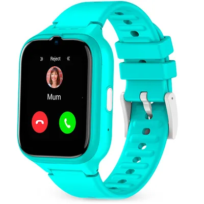 A turquoise smartwatch is displayed against a white background, showing an incoming call from 'Mum'.