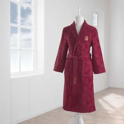 Produktbild von Taç Galatasaray SK Jacquard-Bademantel mit Schalkragen – Größe L –Morgenmantel aus 100% Baumwolle – Hochwertiges eingewebtes GS-Muster – Rot Gelb