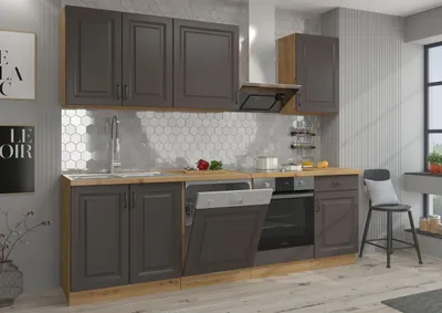 Produktbild von Küche Stilo Grau + Eiche Artisan 250 cm Küchenzeile Küchenblock Einbauküche