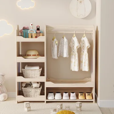 Produktbild von Montessori-Garderobenschrank für das Kinderzimmer aus Kiefernholz und MDF, mit Kleiderstange, 4 Regalen und Sitzbank, Natur, 110x39x110cm