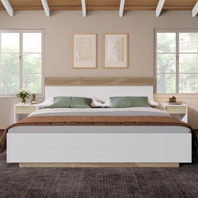 Produktbild von okwish  Doppelbett Holzbett Jugendbett 140×200cm  Schwebebett mit Kopfteil aus Bettgestell &Lattenrost ,Eiche Sonoma/Weiß(Ohne Matratze)