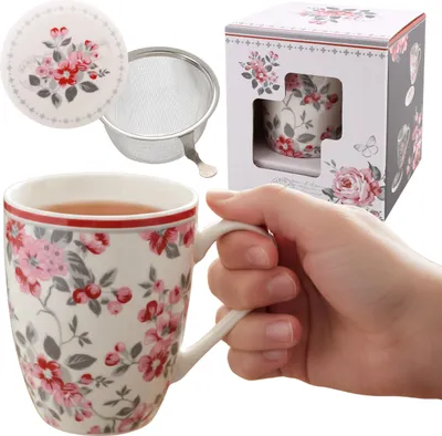 Obrázek produktu pro ČAJOVÁ SOUPRAVA: porcelánový HRNEK 340 ml S čajové sítko A VÍČKEM na bylinky – BALENO V DÁRKOVÉ KRABICI
