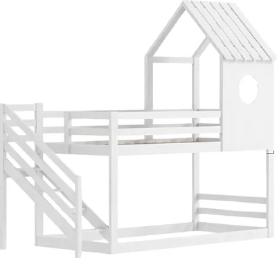 Produktbild von Stapelbett 200x90cm – Kinderbett 2er Set – Hochbett mit Hutdesign, Absturzsicherung & Lattenrost – Weiß – Für Kinder & Kleinkinder