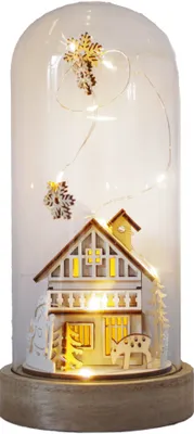 Produktbild von LED-Deko Glaskuppel | weiß/natur | Winterhaus | 20 cm | Glas / Holz | Weihnachtsdeko | warmes Licht