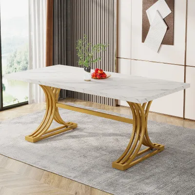 Produktbild von Tribesigns Esstisch für 4 bis 6 Personen, 160 x 80 x 75cm moderner Küchentisch mit Tischplatte aus Kunstmarmor und stilvollen Metallbeinen, Weiß