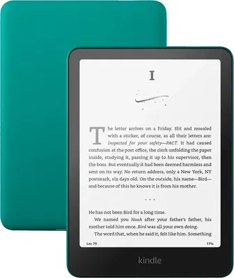 A teal Kindle Paperwhite is shown next to its cover.