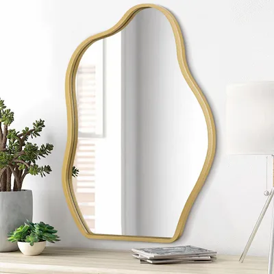 Image de Miroir mural asymétrique, forme nuage, cadre en bois doré, 65x45 cm